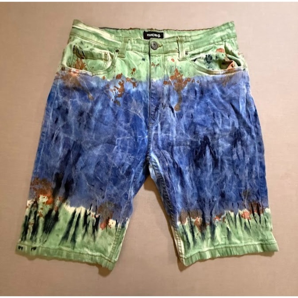 Makobi Shorts Mens 36 Blue‎ Green Denim Pocketed Zip Hip Hop Streetwear 34x12.